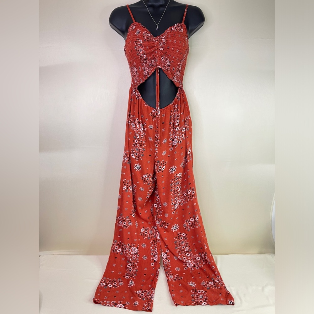 Derek Heart Boho Floral Cutout Rust Orange Smocked Jumpsuit Small
